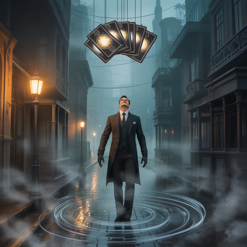 Lord of the Mysteries anime fan art – Klein Moretti with tarot cards in foggy city