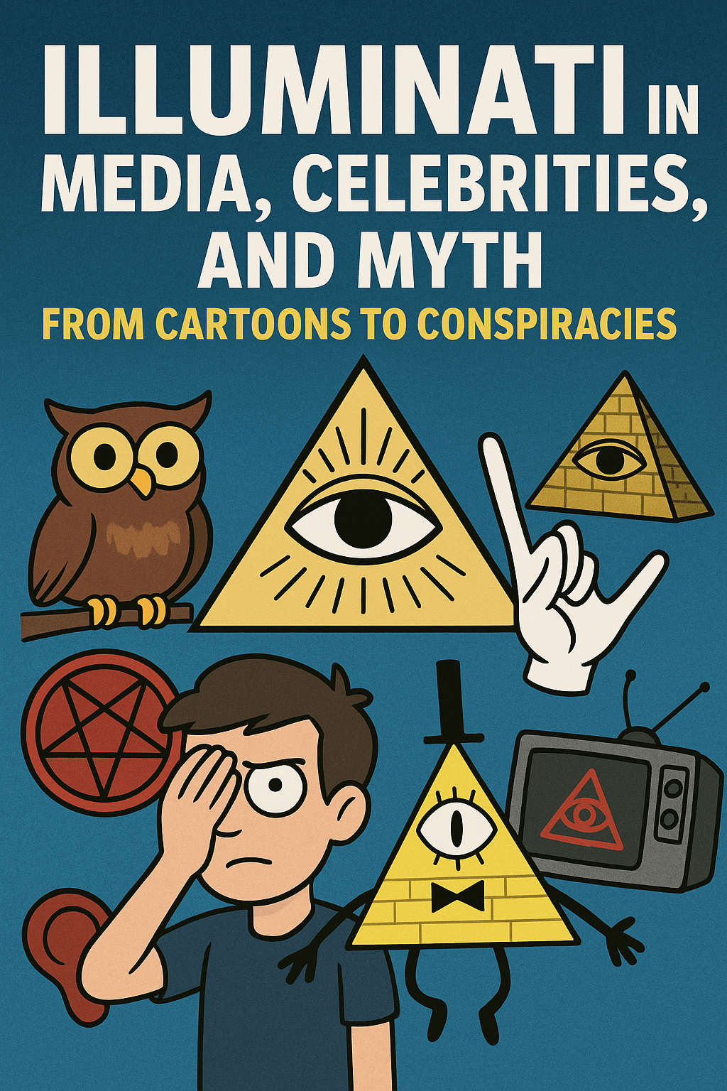 Cartoon-style illustration featuring Illuminati symbols including the All-Seeing Eye, pyramids, an owl, pentagram, Bill Cipher, and a character covering one eye, representing conspiracy themes in pop culture and cartoons.