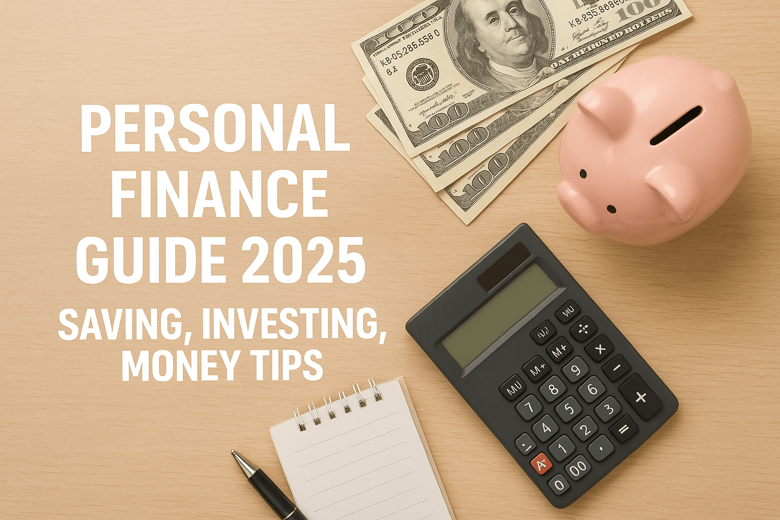 Flat lay photo with a piggy bank, calculator, notebook, pen, and US dollar bills on a wooden desk, with text overlay reading Personal Finance Guide 2025: Saving, Investing, Money Tips.