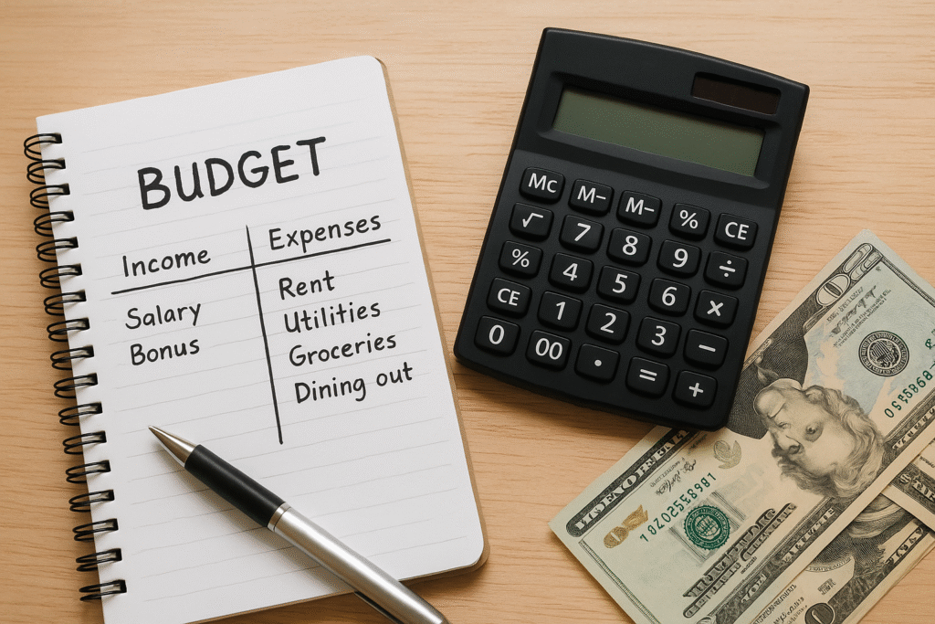 Flat lay photo with a piggy bank, calculator, notebook, pen, and US dollar bills on a wooden desk, with text overlay reading Personal Finance Guide 2025: Saving, Investing, Money Tips.