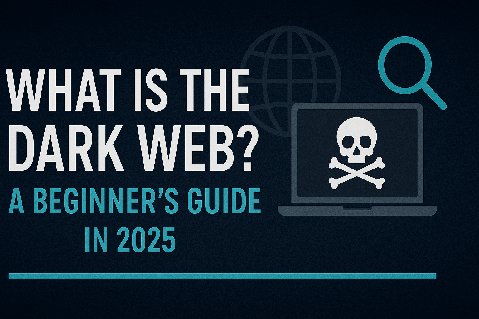 What Is the Dark Web? A Beginner’s Guide in 2025 cover image with laptop skull icon, globe, and magnifying glass on dark backgroun