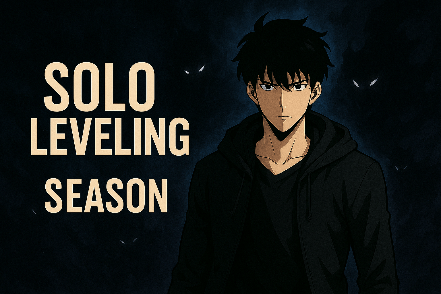 Solo Leveling Season 3 official anime poster featuring Sung Jin-Woo with dark shadows and glowing eyes in the background