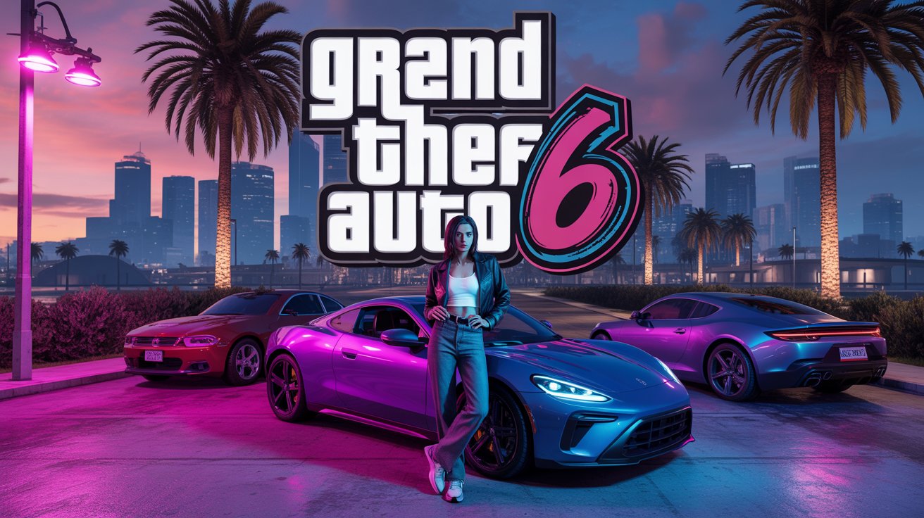 GTA 6 featured image showing Vice City skyline with neon lights, sports car, and fully clothed female protagonist.