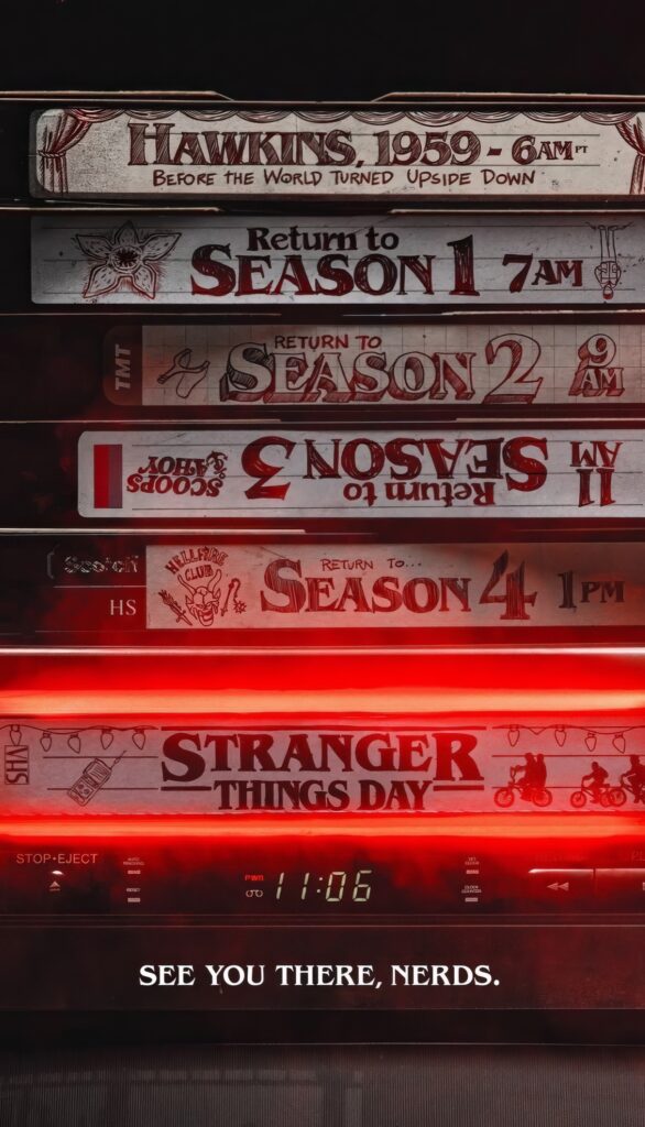 “Stranger Things Season 5 poster featuring Hawkins skyline and Upside Down elements”