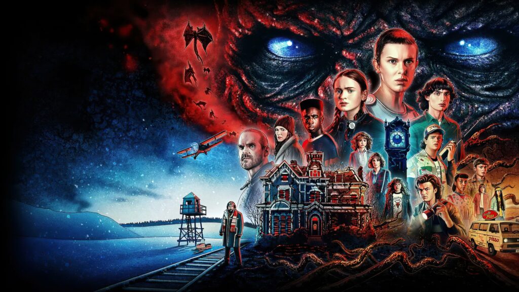 “Stranger Things Season 5 poster featuring Hawkins skyline and Upside Down elements”