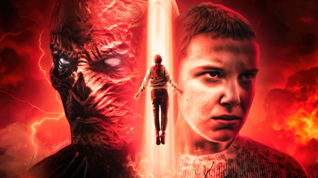 “Stranger Things Season 5 poster featuring Hawkins skyline and Upside Down elements”