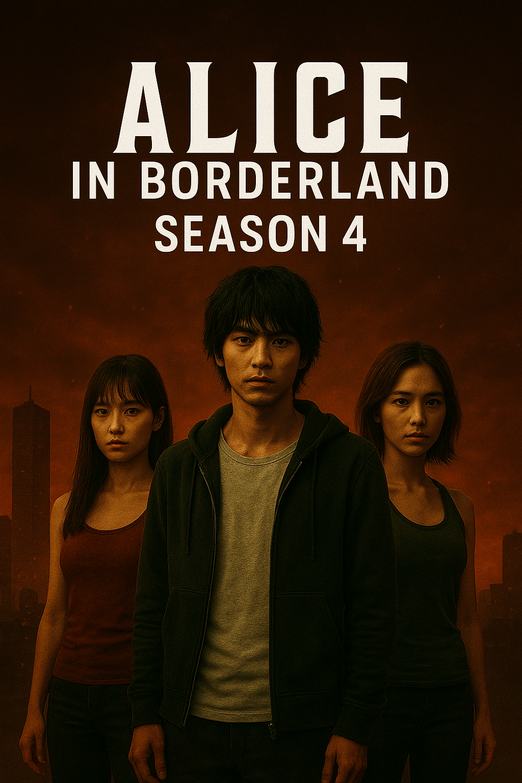 A dramatic poster for Alice in Borderland Season 4 featuring Arisu, Usagi, and another survivor standing against a dark red cityscape. The atmosphere is tense and cinematic, with bold text “Alice in Borderland Season 4” above them, symbolizing mystery, survival, and suspense.
