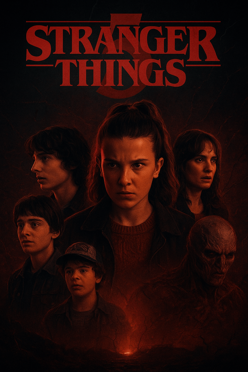 “Stranger Things Season 5 poster featuring Hawkins skyline and Upside Down elements”