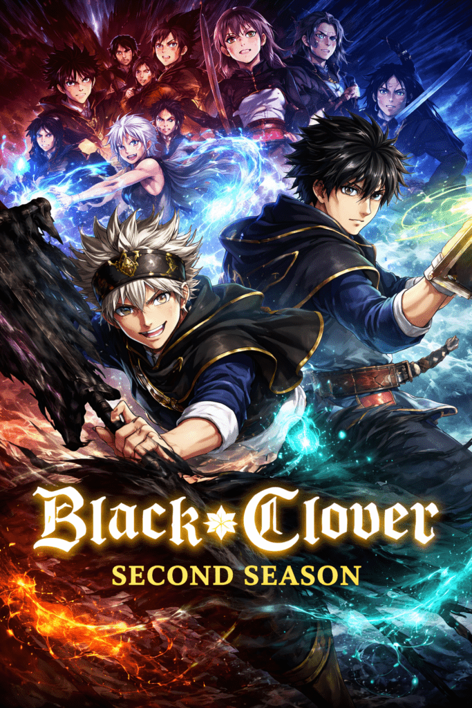 Black Clover Second Season poster featuring Asta, Yuno, Noelle, Yami, and the Dark Triad in action-packed magical battle
