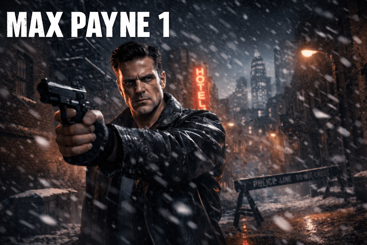 Max Payne 1 game cover showing Max Payne aiming a pistol in a snowy New York alley at night.”