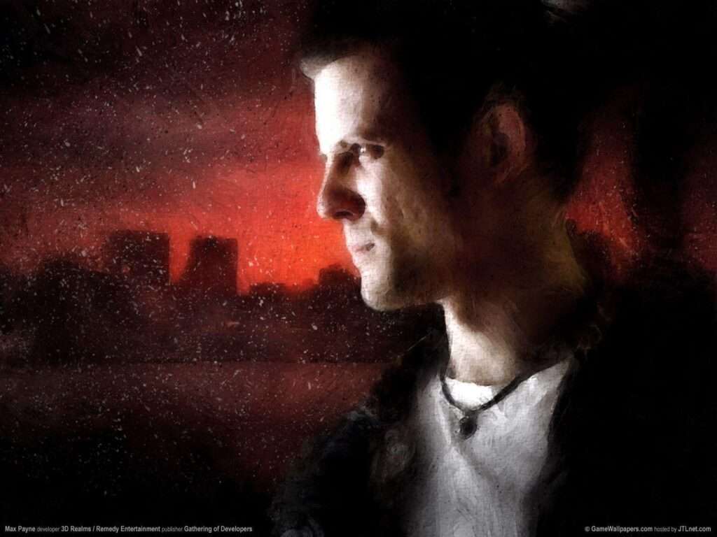 Max Payne 1 game cover showing Max Payne aiming a pistol in a snowy New York alley at night.”