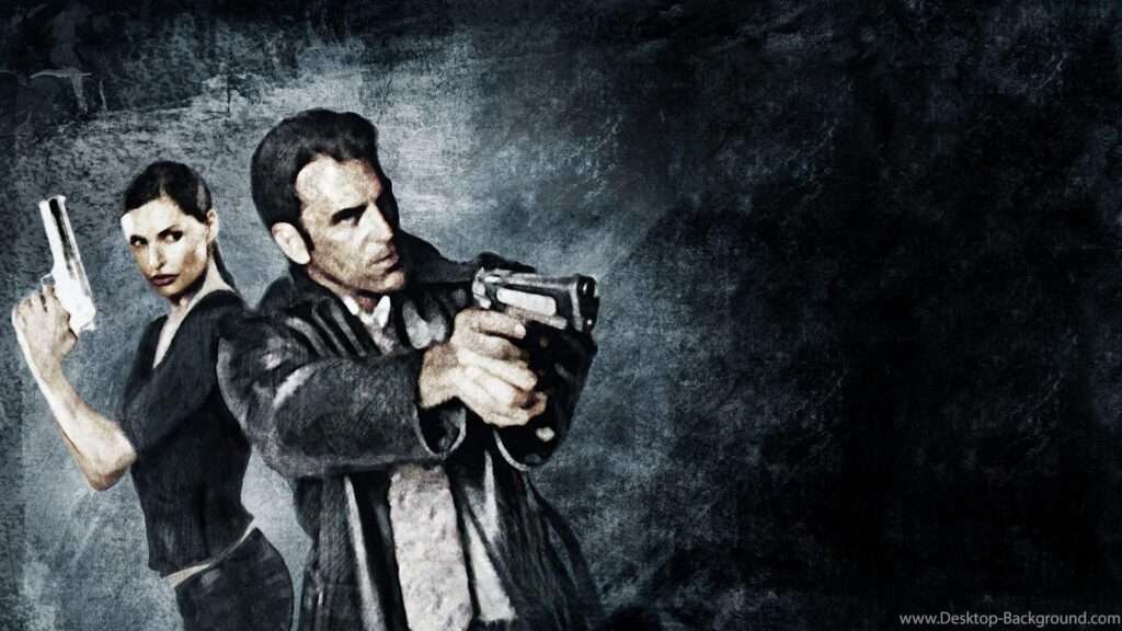 Max Payne 1 game cover showing Max Payne aiming a pistol in a snowy New York alley at night.”