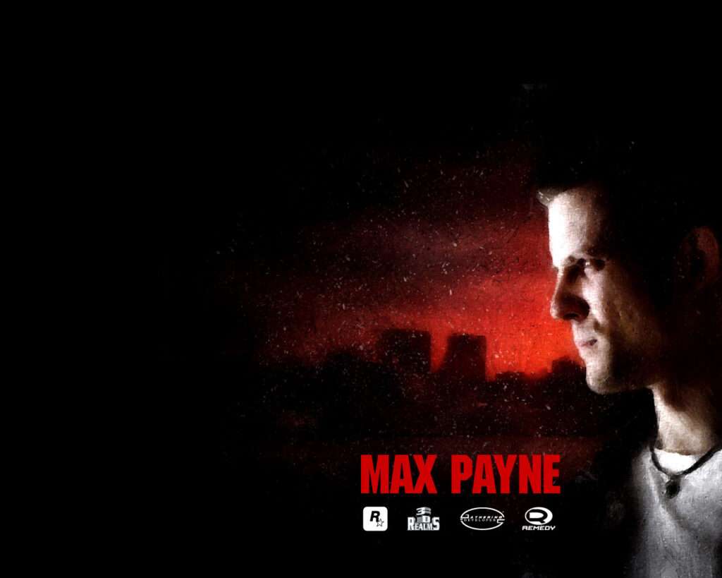 Max Payne 1 game cover showing Max Payne aiming a pistol in a snowy New York alley at night.”