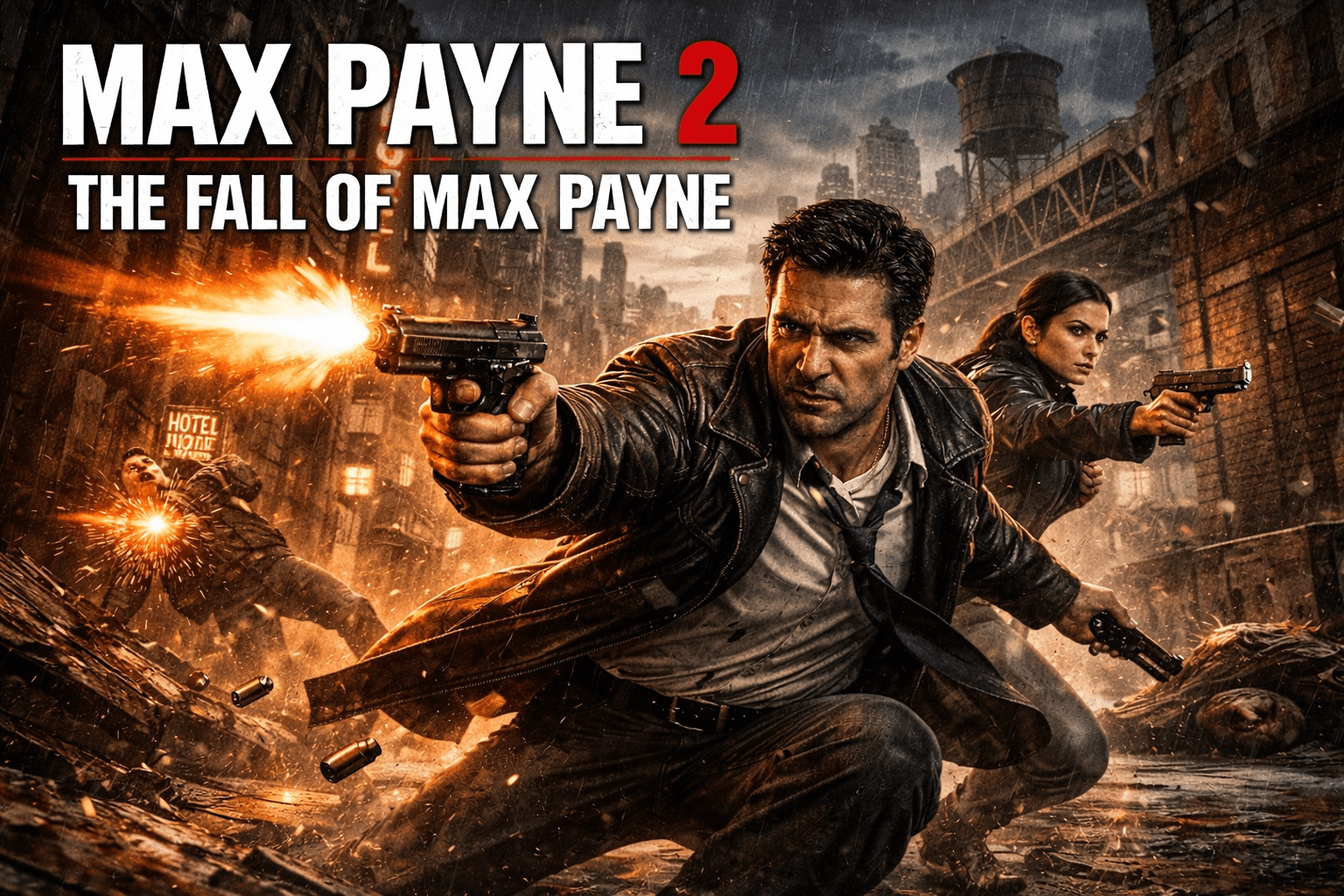 Max Payne 2 The Fall of Max Payne gameplay scene showing Max Payne and Mona Sax in bullet time gunfight in dark New York city