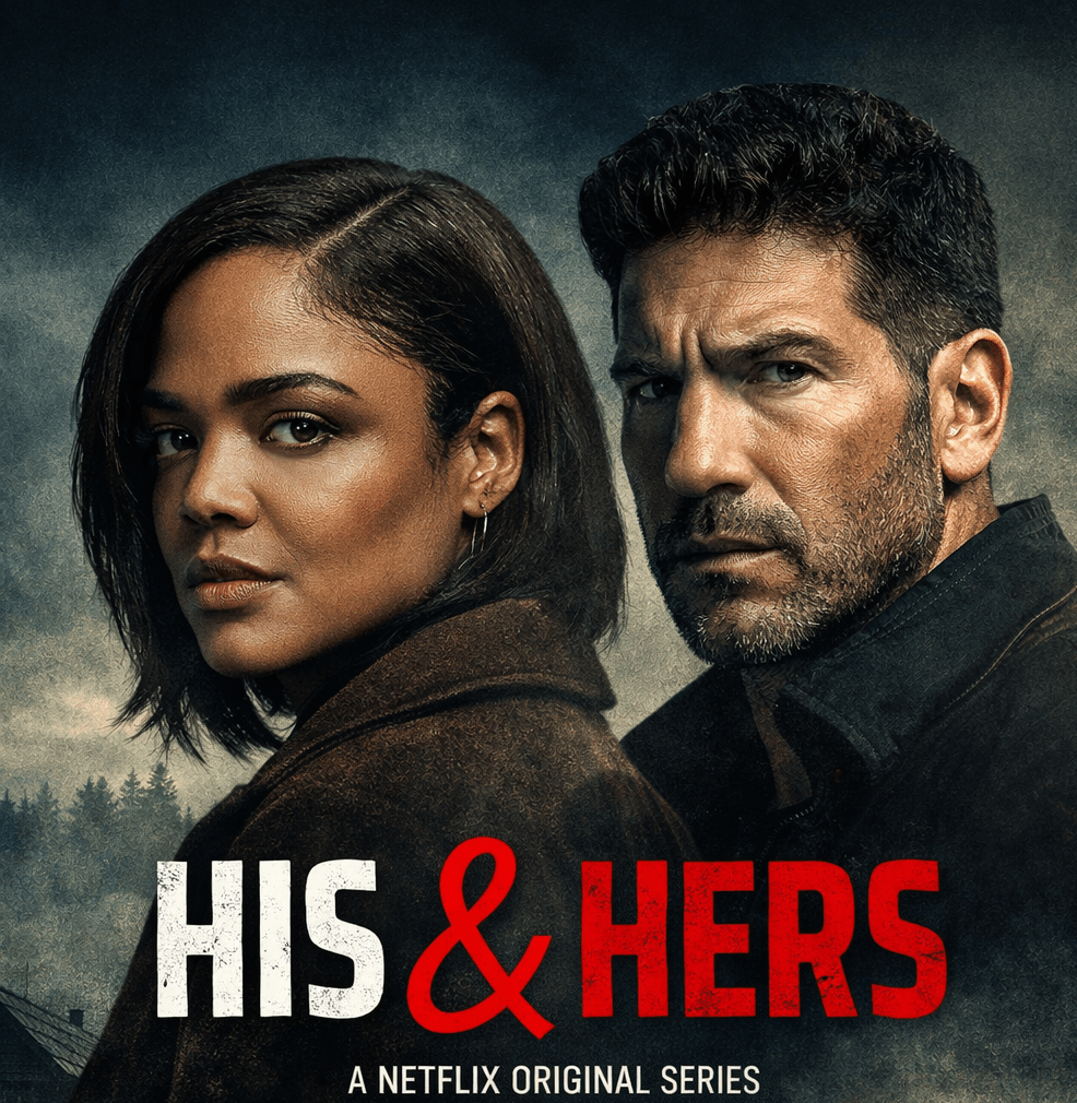 His & Hers Netflix series poster featuring Tessa Thompson and Jon Bernthal in a dark mystery thriller scene