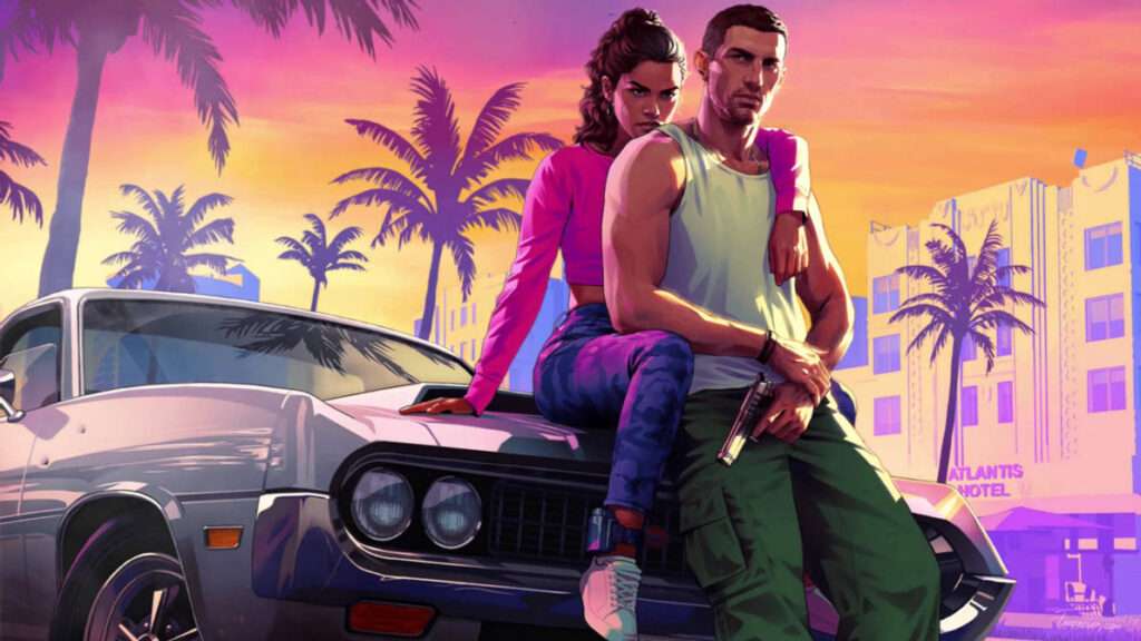 GTA VI release date featured image showing male and female protagonists in neon-lit Vice City with sports cars and city skyline at night
