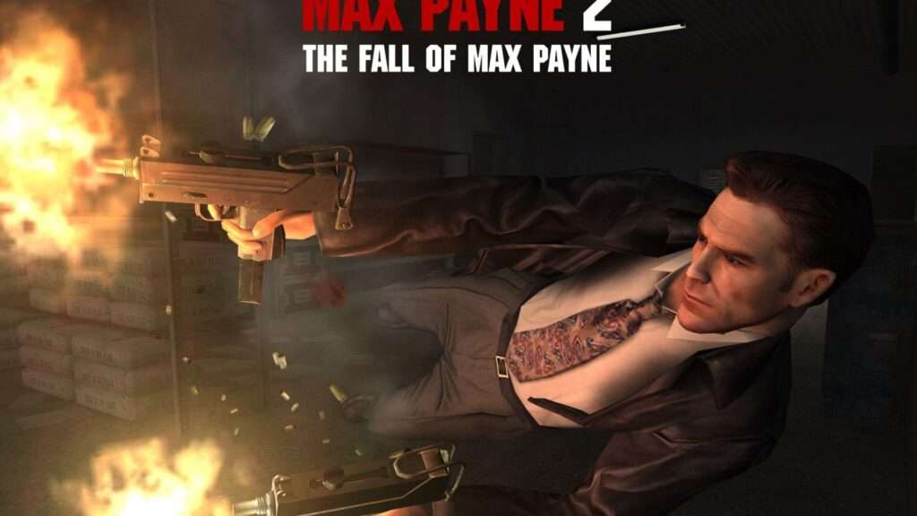 Max Payne 2 The Fall of Max Payne gameplay scene showing Max Payne and Mona Sax in bullet time gunfight in dark New York city