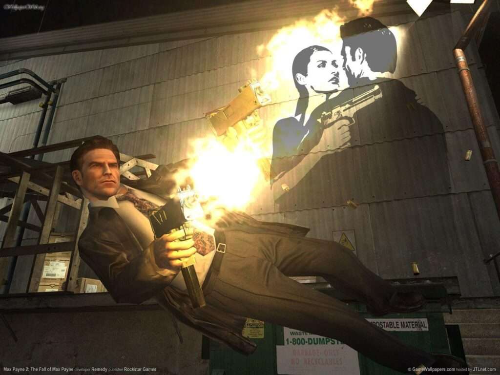 Max Payne 2 The Fall of Max Payne gameplay scene showing Max Payne and Mona Sax in a bullet-time gunfight in dark New York city