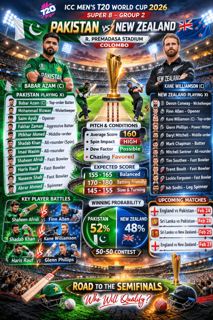 Pakistan vs New Zealand T20 World Cup 2026 Super 8 showdown poster featuring Babar Azam and Kane Williamson in action at R. Premadasa Stadium, Colombo.