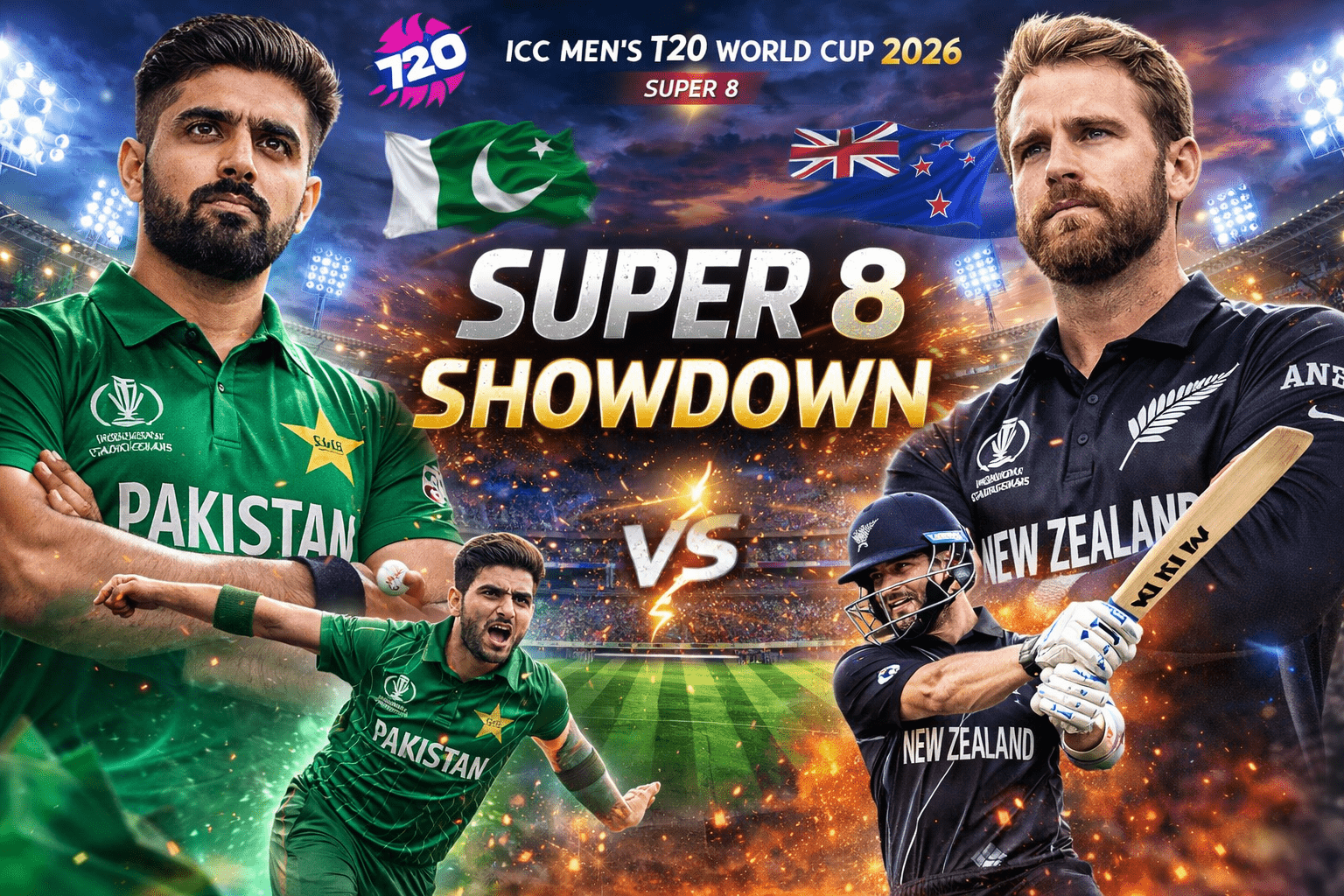 Pakistan vs New Zealand T20 World Cup 2026 Super 8 showdown poster featuring Babar Azam and Kane Williamson in action at R. Premadasa Stadium, Colombo.