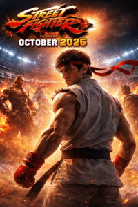 Ryu and Ken in dramatic live-action Street Fighter 2026 movie scene, arena battle with cinematic lighting