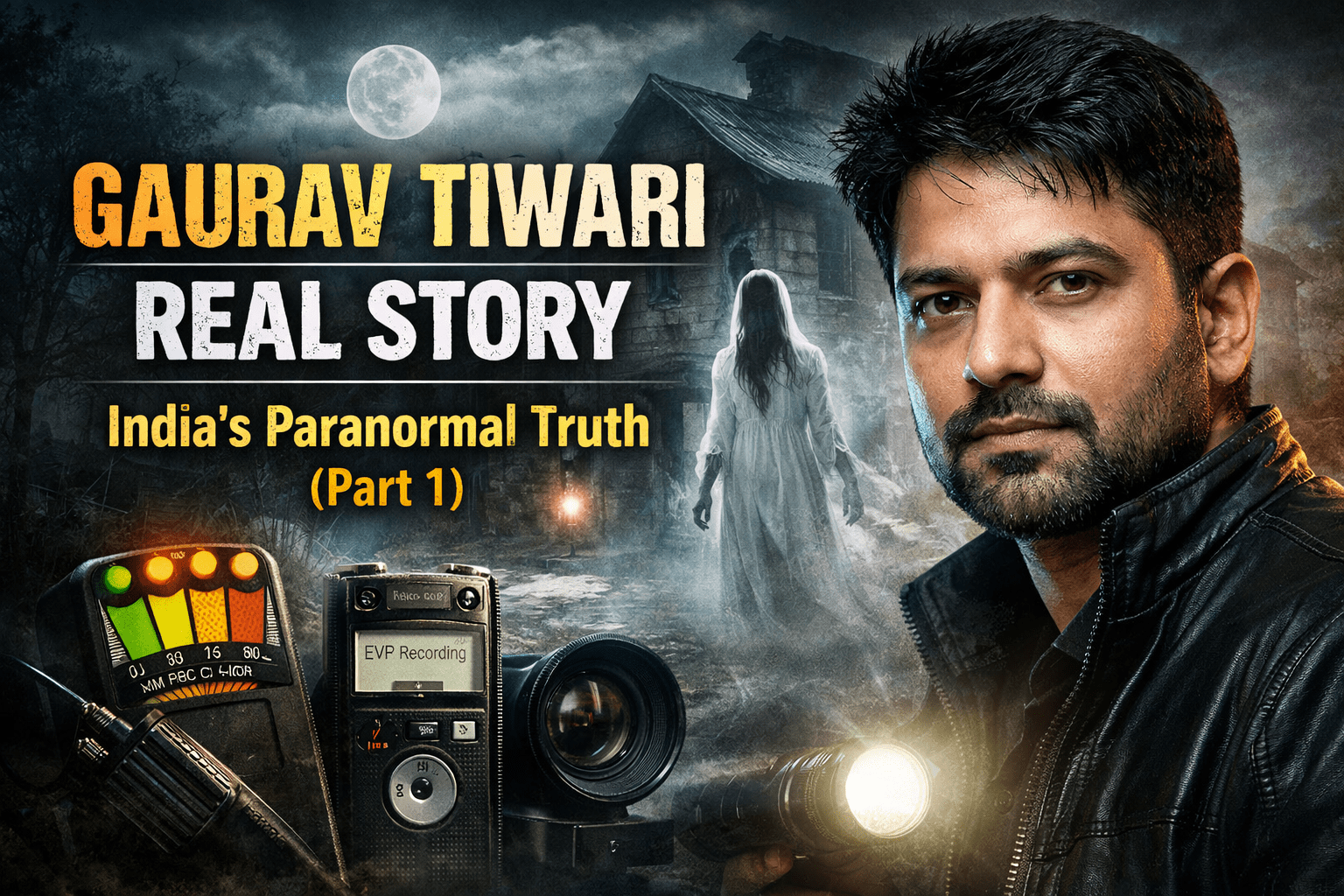 Gaurav Tiwari paranormal investigator real story Part 1 with haunted house, ghost figure, and ghost hunting equipment in dark background
