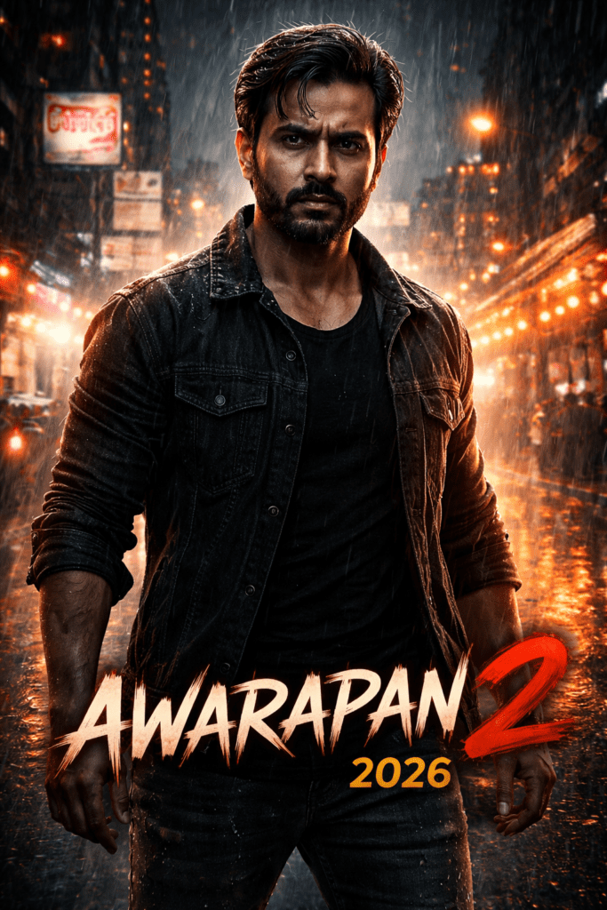 Awarapan 2 2026 movie poster featuring intense male character in rain with cinematic city background