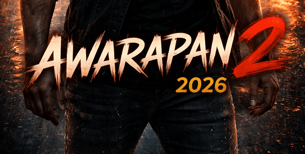 Awarapan 2 2026 movie poster featuring intense male character in rain with cinematic city background