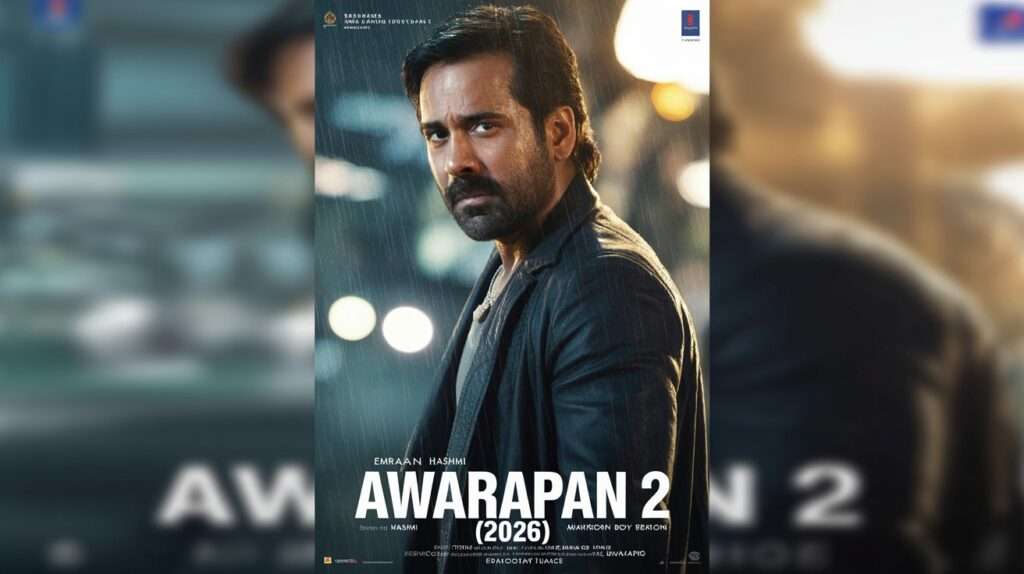 Awarapan 2 2026 movie poster featuring intense male character in rain with cinematic city background