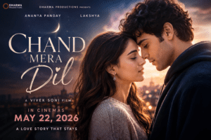 Romantic cinematic poster for the Bollywood movie Chand Mera Dil featuring a close emotional moment between Ananya Panday and Lakshya against a glowing sunset city background with release date May 22, 2026 displayed prominently.